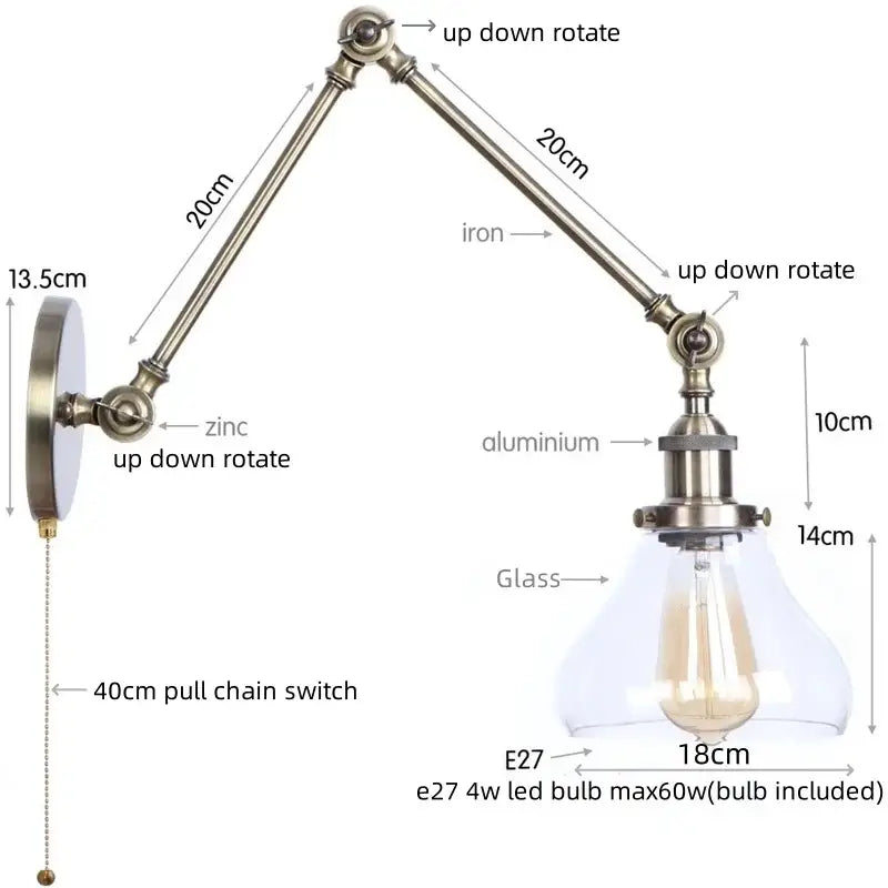 Industrial antique brass adjustable wall sconce with brass-finished iron arm and clear glass shade for bedroom decorbites industrial adjustable led lighting