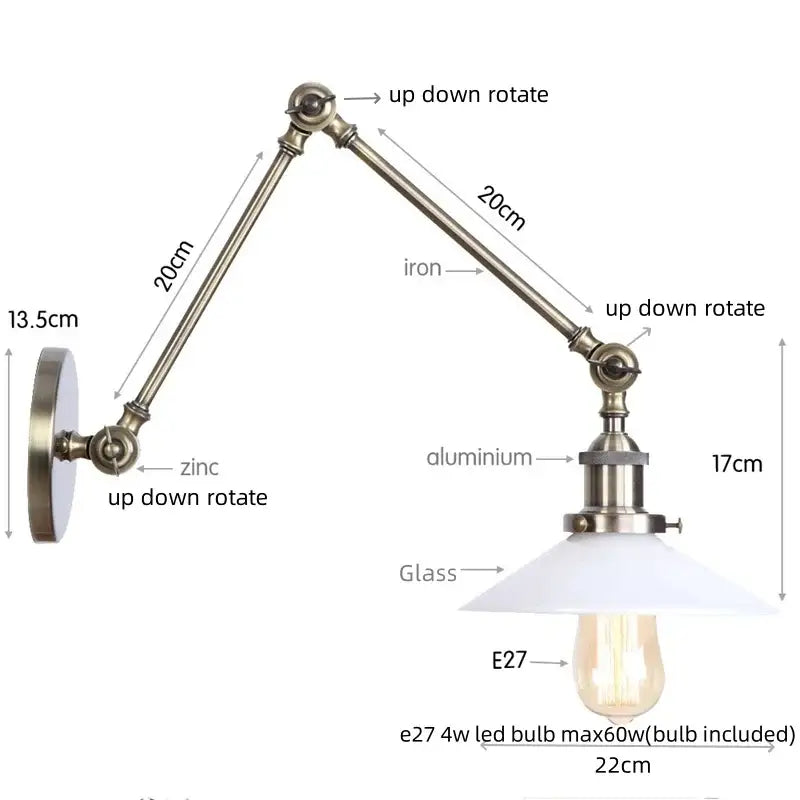 Industrial antique brass adjustable wall sconce with brass iron aluminum arm white glass shade and e27 led bulb decorbites industrial adjustable