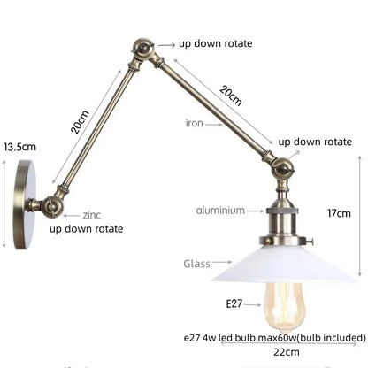 Industrial antique brass adjustable wall sconce with brass iron aluminum arm white glass shade and e27 led bulb decorbites industrial adjustable