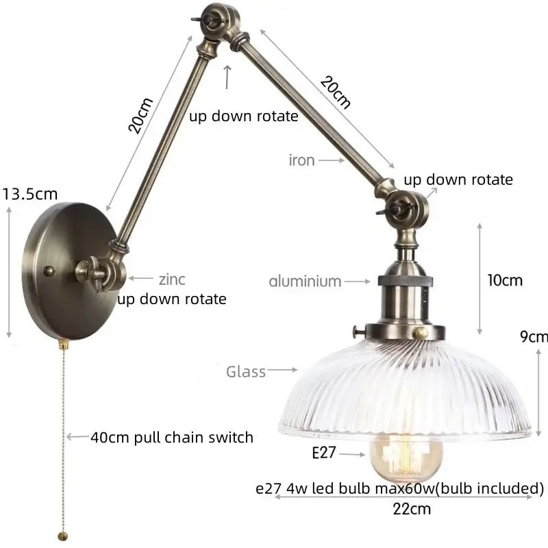 Industrial antique brass adjustable wall sconce with brass metal frame ribbed glass shade and e27 led bulb decorbites industrial adjustable