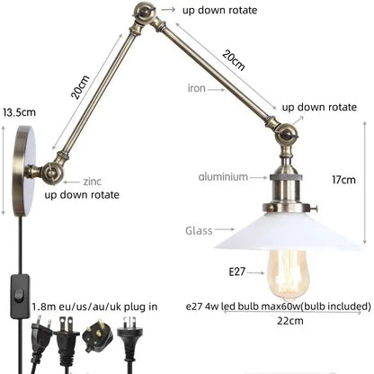 Industrial antique brass wall sconce with zinc and aluminum adjustable arms and white glass shade for bedroom decorbites industrial adjustable led light