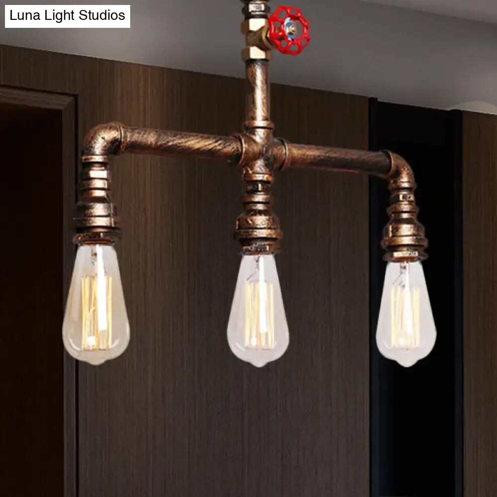 DecorBites vintage antique brass pendant light with three exposed filament bulbs and red valve wheel 220v-240v 110v-120v
