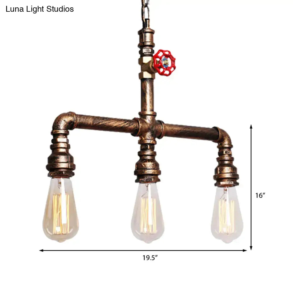 DecorBites vintage antique brass pendant light with industrial valve wheel and three filament bulbs 220v-240v 110v-120v