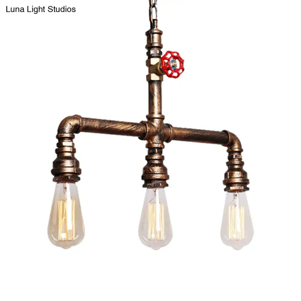 DecorBites vintage antique brass pendant light with three filament bulbs and red valve handle 220v-240v 110v-120v