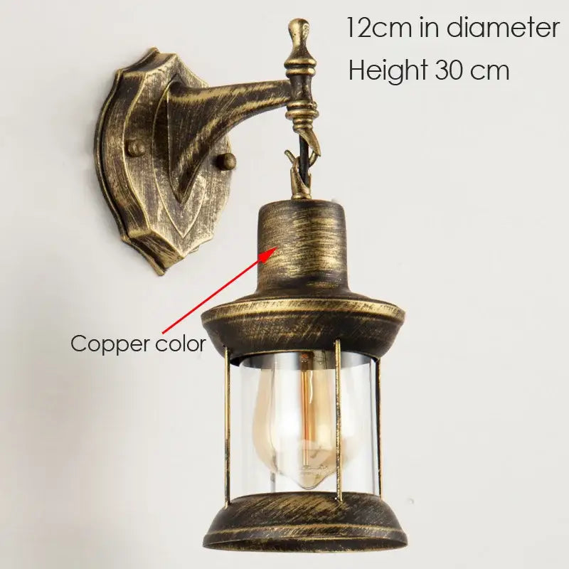 Copper-colored vintage style wall lamp with brass finish and clear glass enclosure for decorbites industrial glass wall use