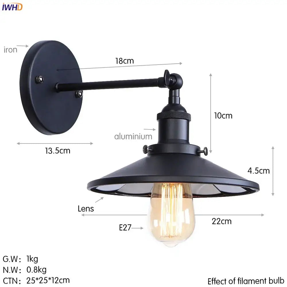 Industrial antique gold rustic wall light featuring black wrought iron and aluminum with a matte finish and exposed bulb