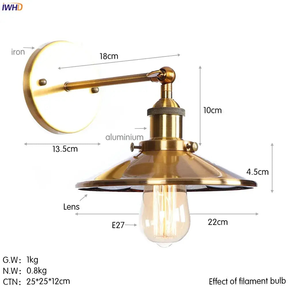 Brass-finished industrial antique gold rustic wall light with conical shade and exposed filament bulb for living room decorbites