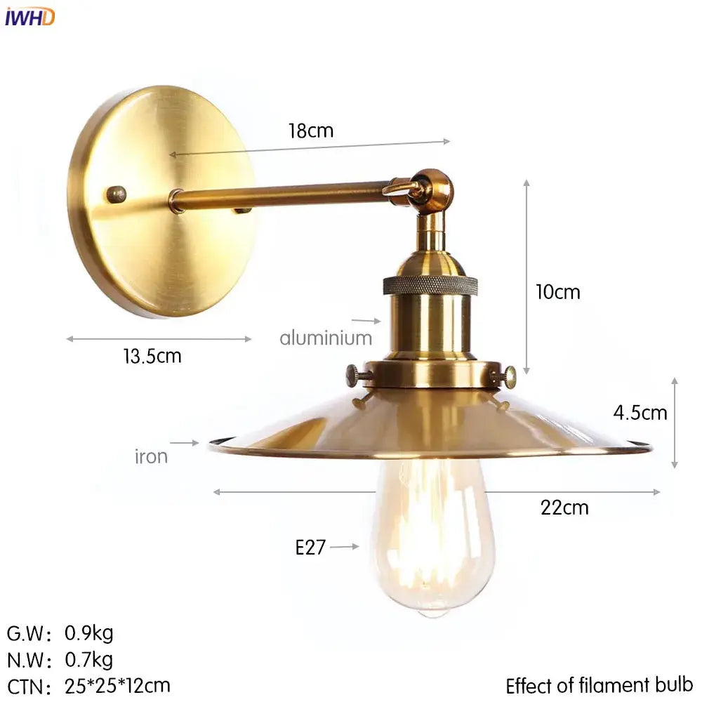 Industrial antique gold rustic wall light with brass-finished adjustable arm and wide conical shade for living room decorbites wall light