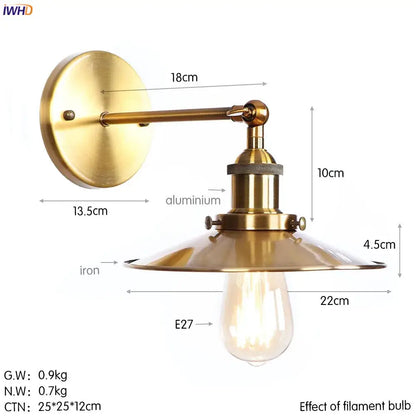 Industrial antique gold rustic wall light with brass-finished adjustable arm and wide conical shade for living room decorbites wall light