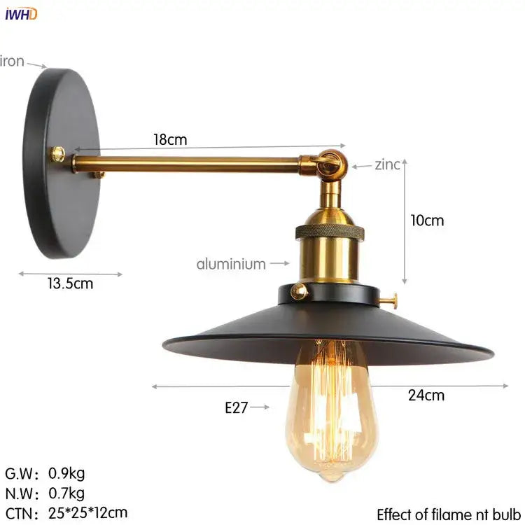 Industrial antique gold rustic wall light with black iron backplate brass zinc arm and matte black shade for living room decor