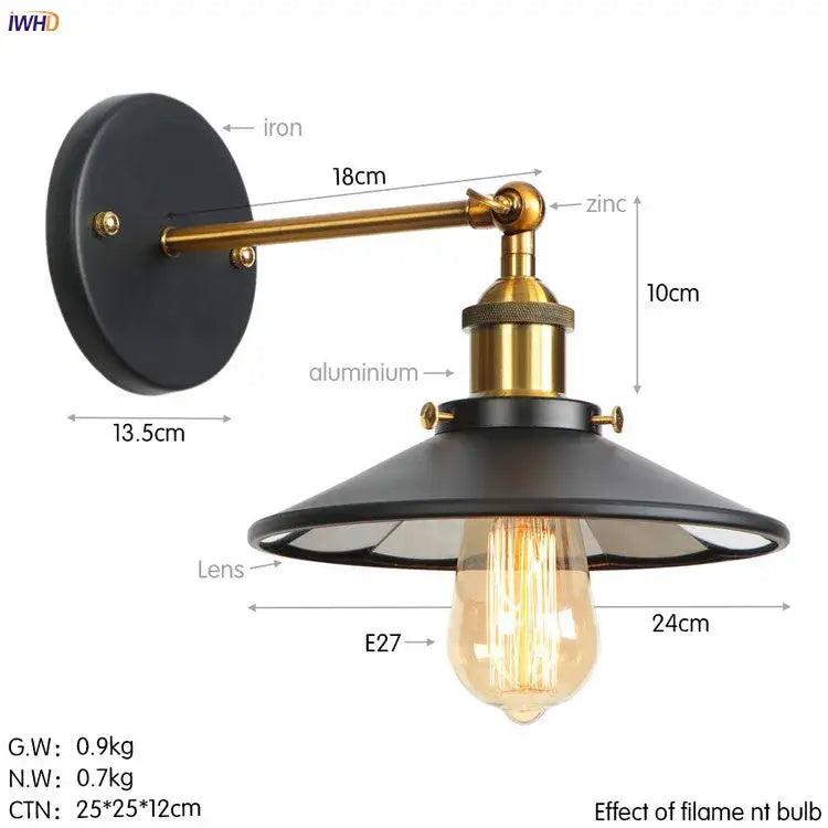 Industrial antique gold rustic wall light with black iron backplate and brass zinc arm for living room decorbites antique gold