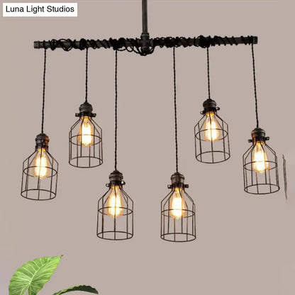 Industrial-style black metal pendant light with five hanging cage lights in antique style bronze iron for dining room lighting