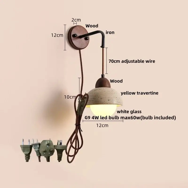 Rustic industrial beige concrete wall lamp with curved iron arm wooden base yellow travertine finish decorbites led wall lamp