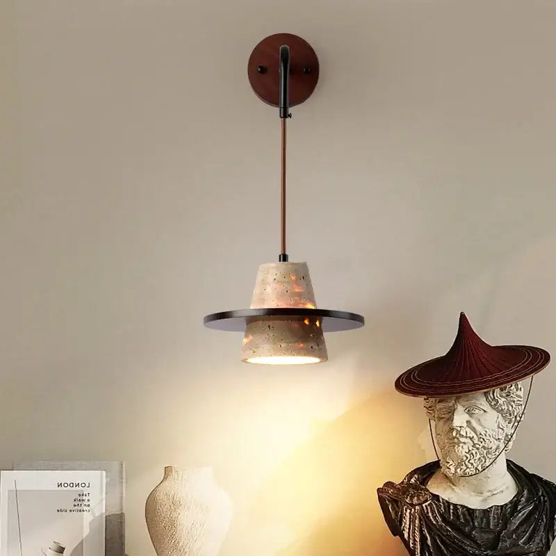 Industrial beige concrete wall lamp with black metal accents featuring a pull chain for decorbites led wall use