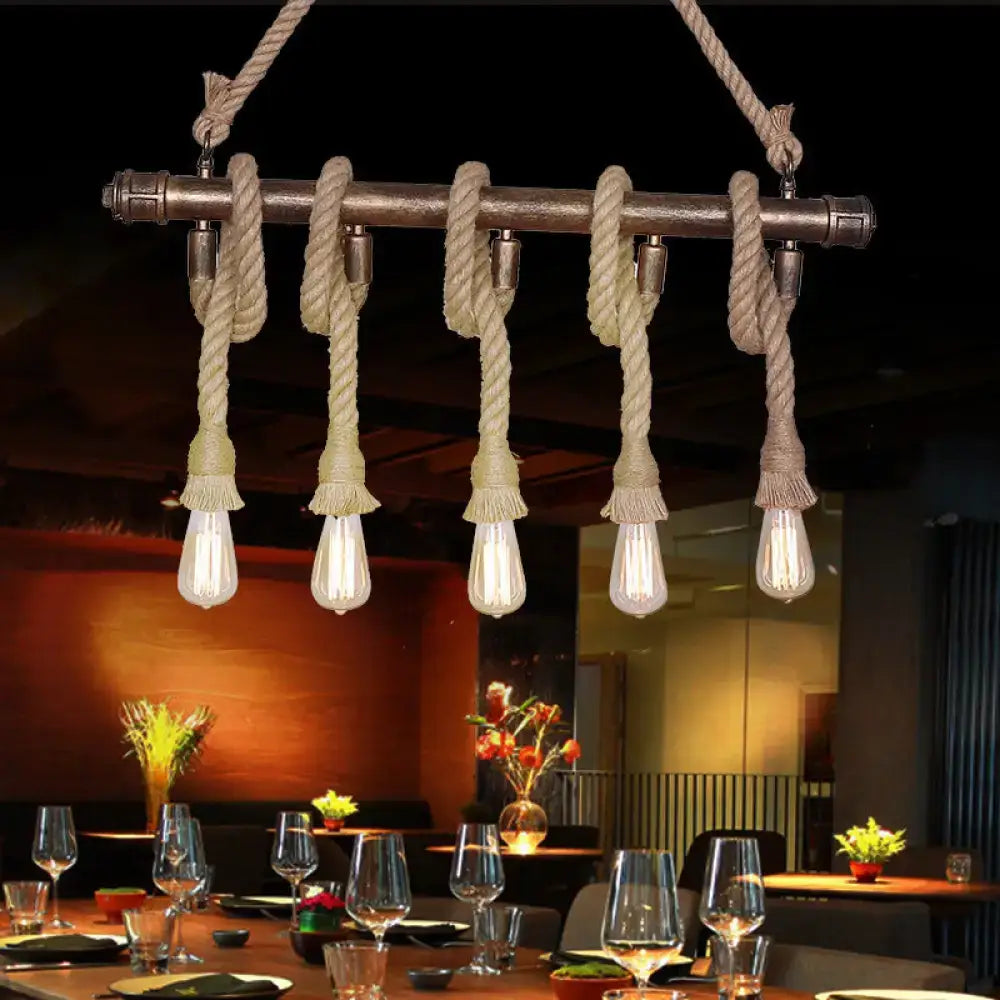 Industrial beige rope pendant light with three heads open bulb design and rustic metal pipe frame for dining room