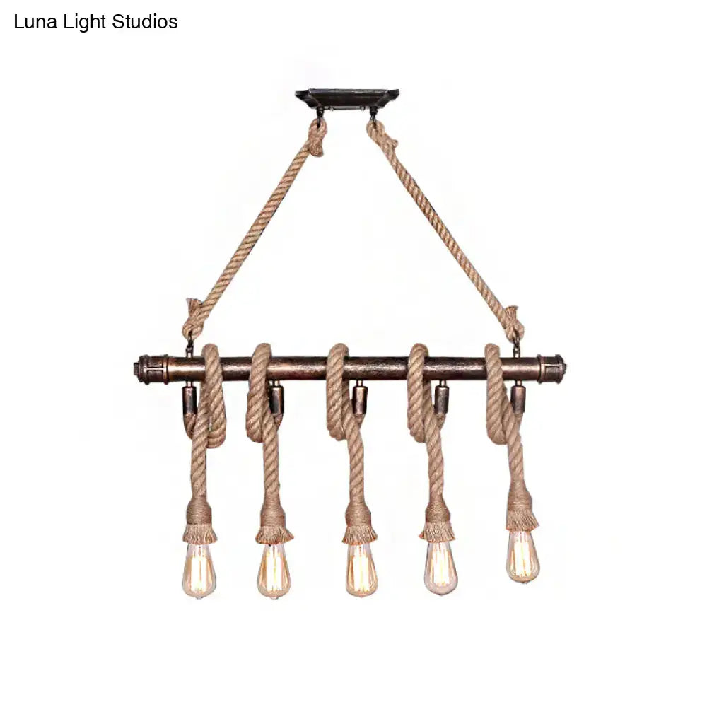 Rustic industrial five heads open bulb pendant light with dark bronze metal and beige rope for dining room use