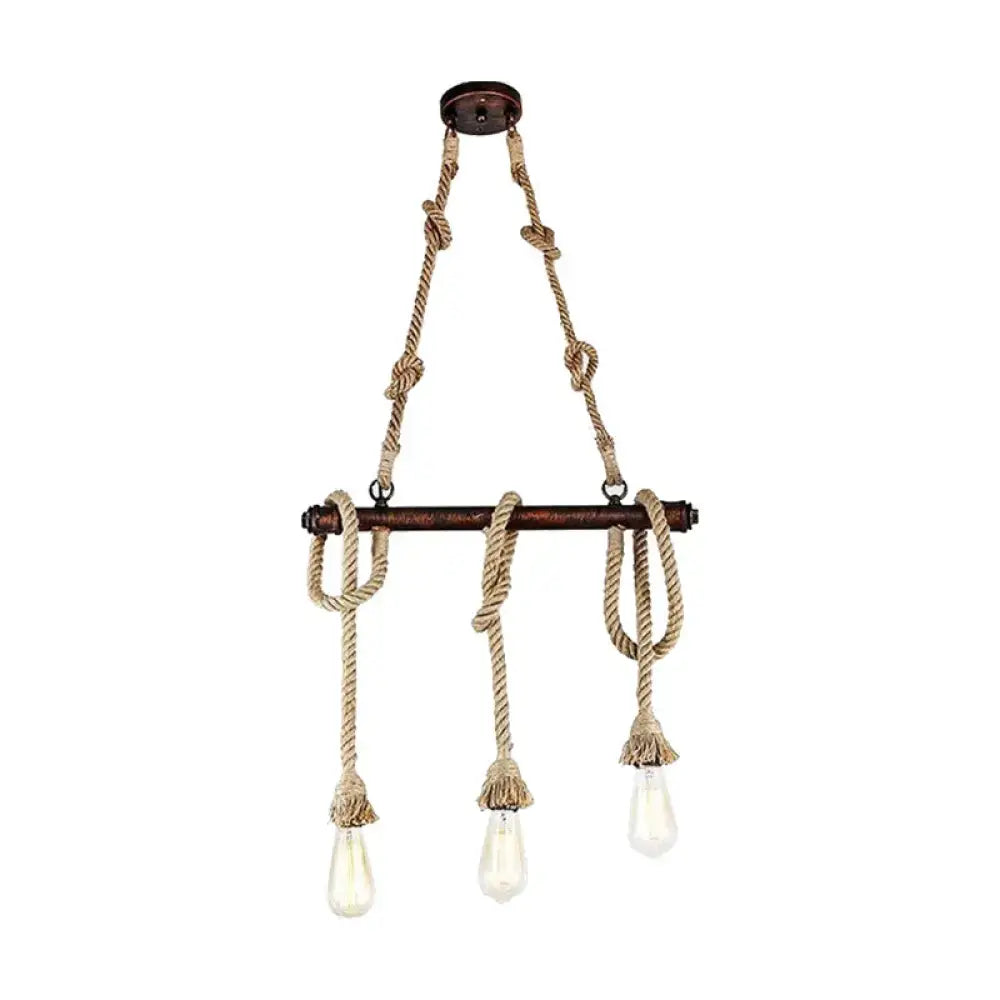 Rustic nautical-style industrial beige rope 3 heads open bulb pendant light with dark bronze bar and clear glass fixtures