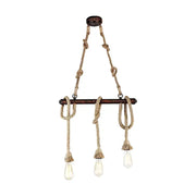 Rustic nautical-style industrial beige rope 3 heads open bulb pendant light with dark bronze bar and clear glass fixtures