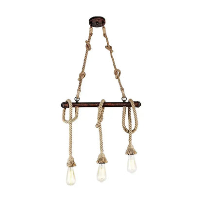 Rustic nautical-style industrial beige rope 3 heads open bulb pendant light with dark bronze bar and clear glass fixtures
