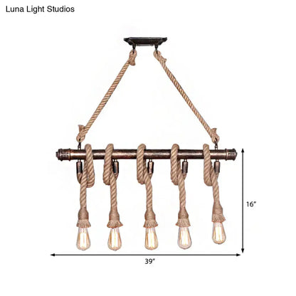 Rustic industrial beige rope 3 heads open bulb pendant light with dark bronze metal bar and vintage edison bulbs for dining room