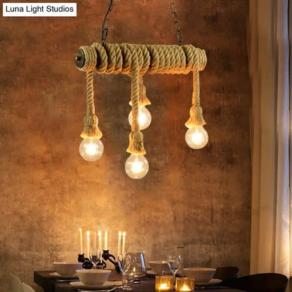 DecorBites industrial style hanging island light with rustic rope and three exposed bulbs beige for dining room