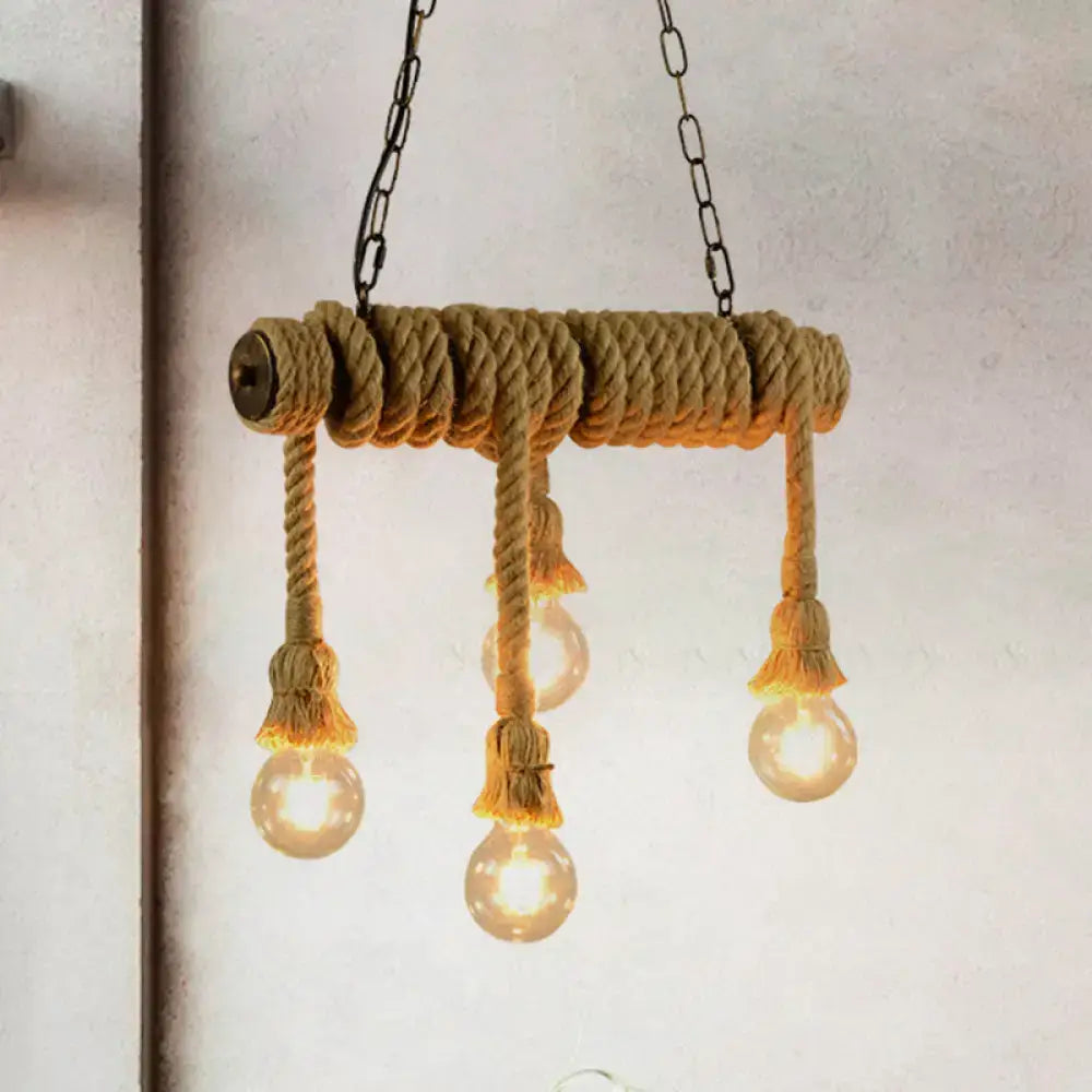 Decorbites™ industrial style dining room hanging island light with beige rope and four open bulb fixtures