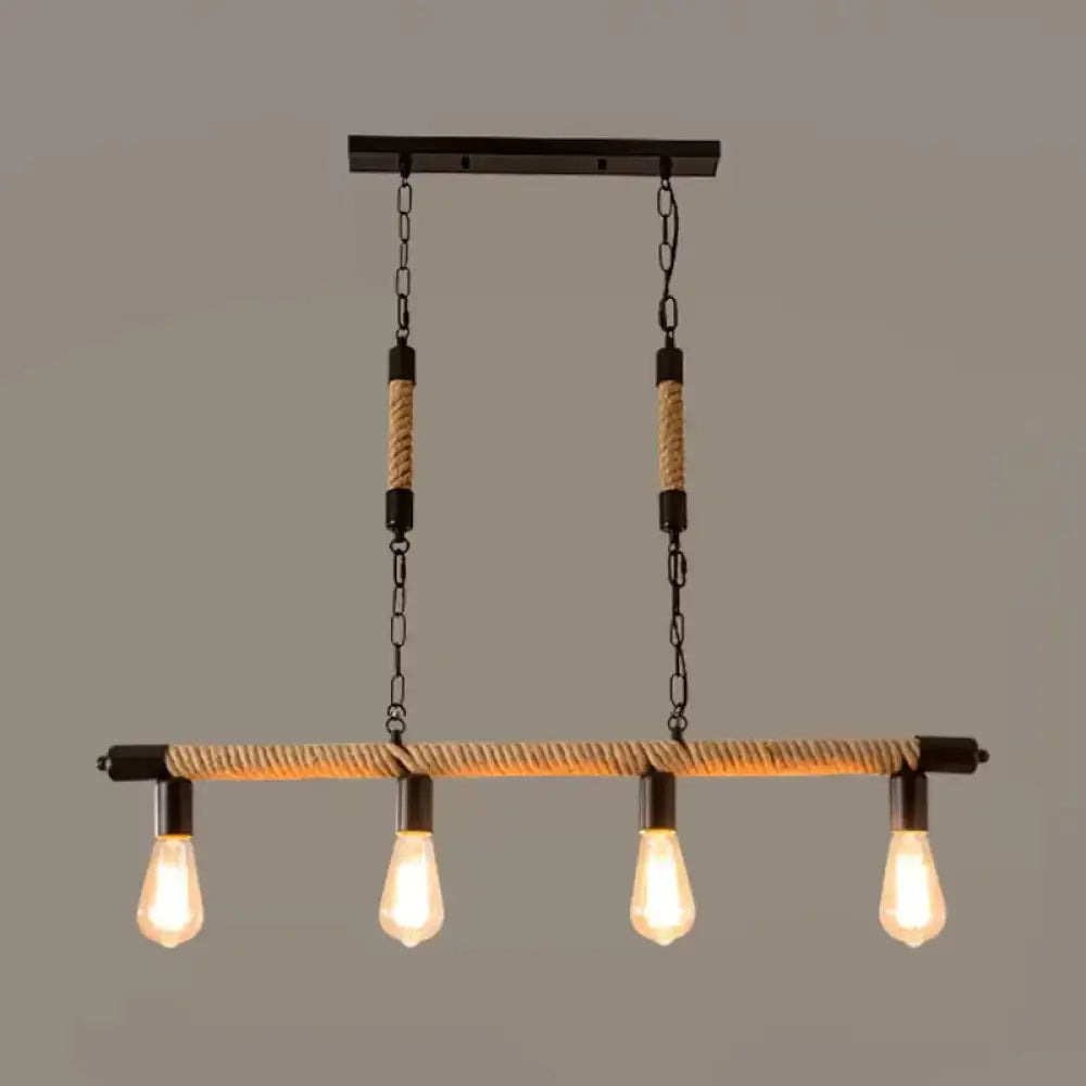 Industrial beige rope island light fixture with black metal frame natural twine and bare bulb design 220v-240v 110v-120v