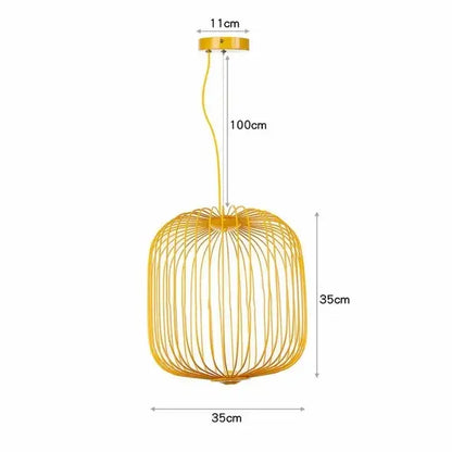 A modern yellow wireframe decorbites industrial birdcage iron pendant light with spherical cage design and ceiling mount