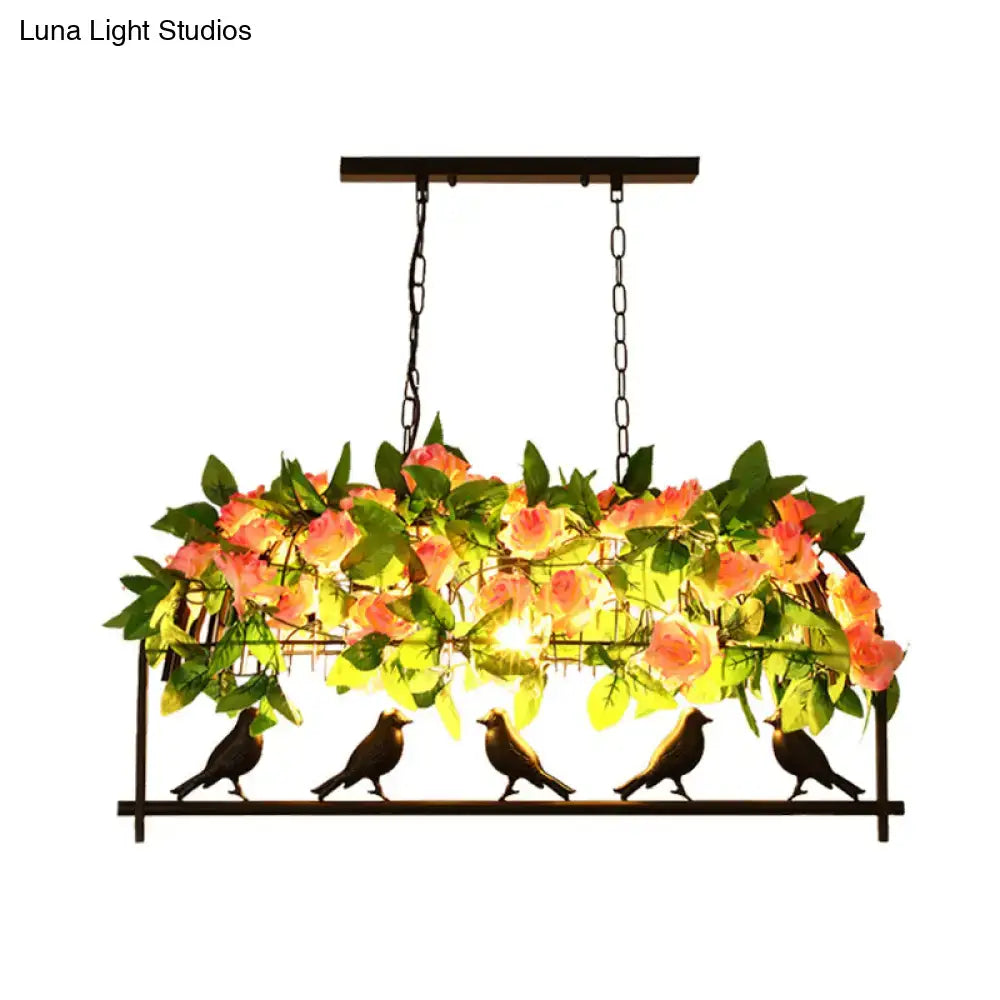 DecorBites iron industrial birdcage island pendant light in black metal with pink roses and bird silhouettes