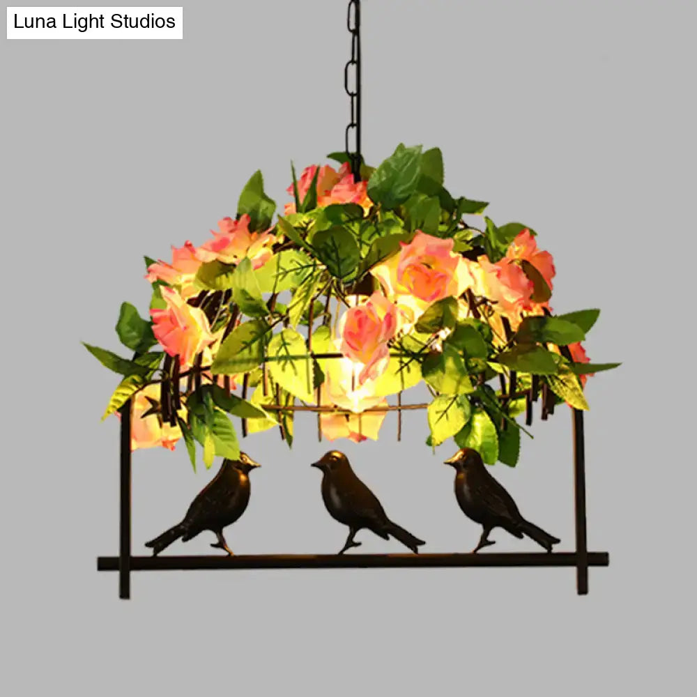Decorbites iron industrial birdcage island pendant with down lighting black finish metal frame and rose decoration