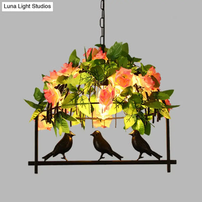 Decorbites iron industrial birdcage island pendant with down lighting black finish metal frame and rose decoration