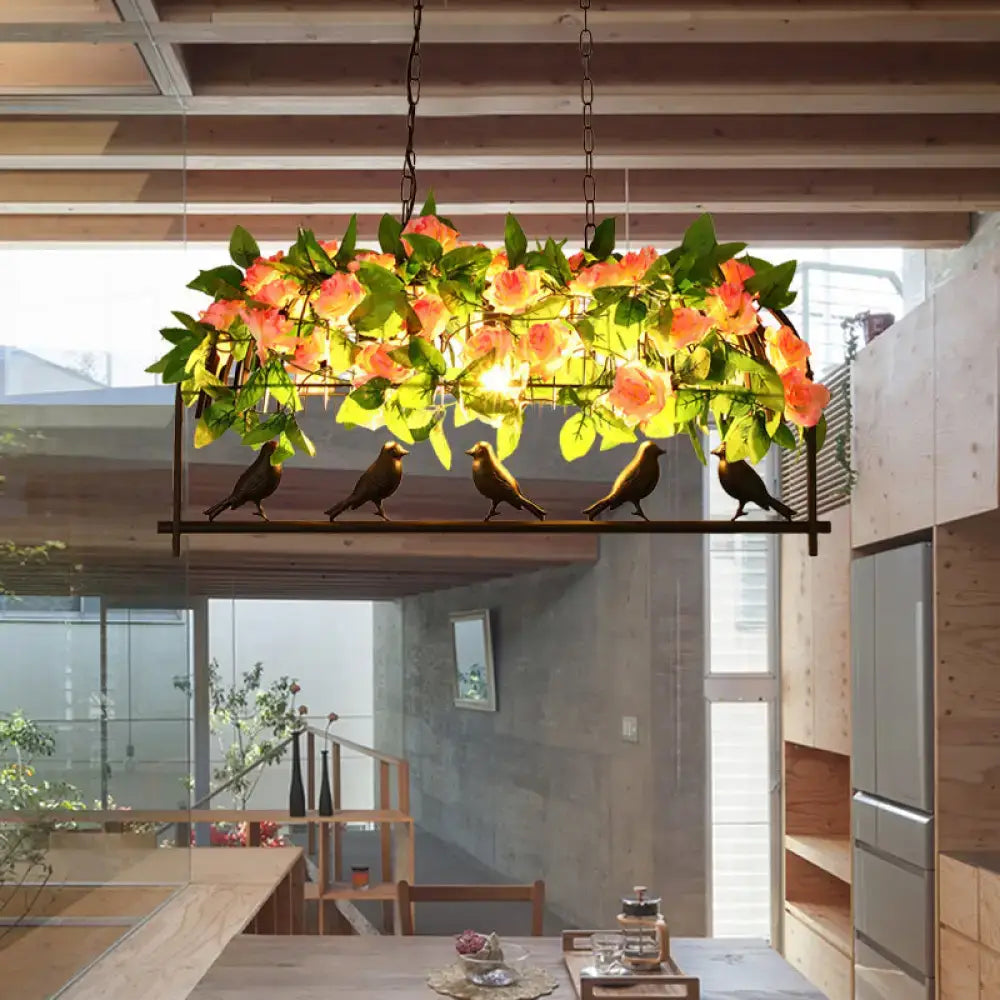 Decorbites iron industrial birdcage island pendant black finish with bronze birds and peach green floral decoration