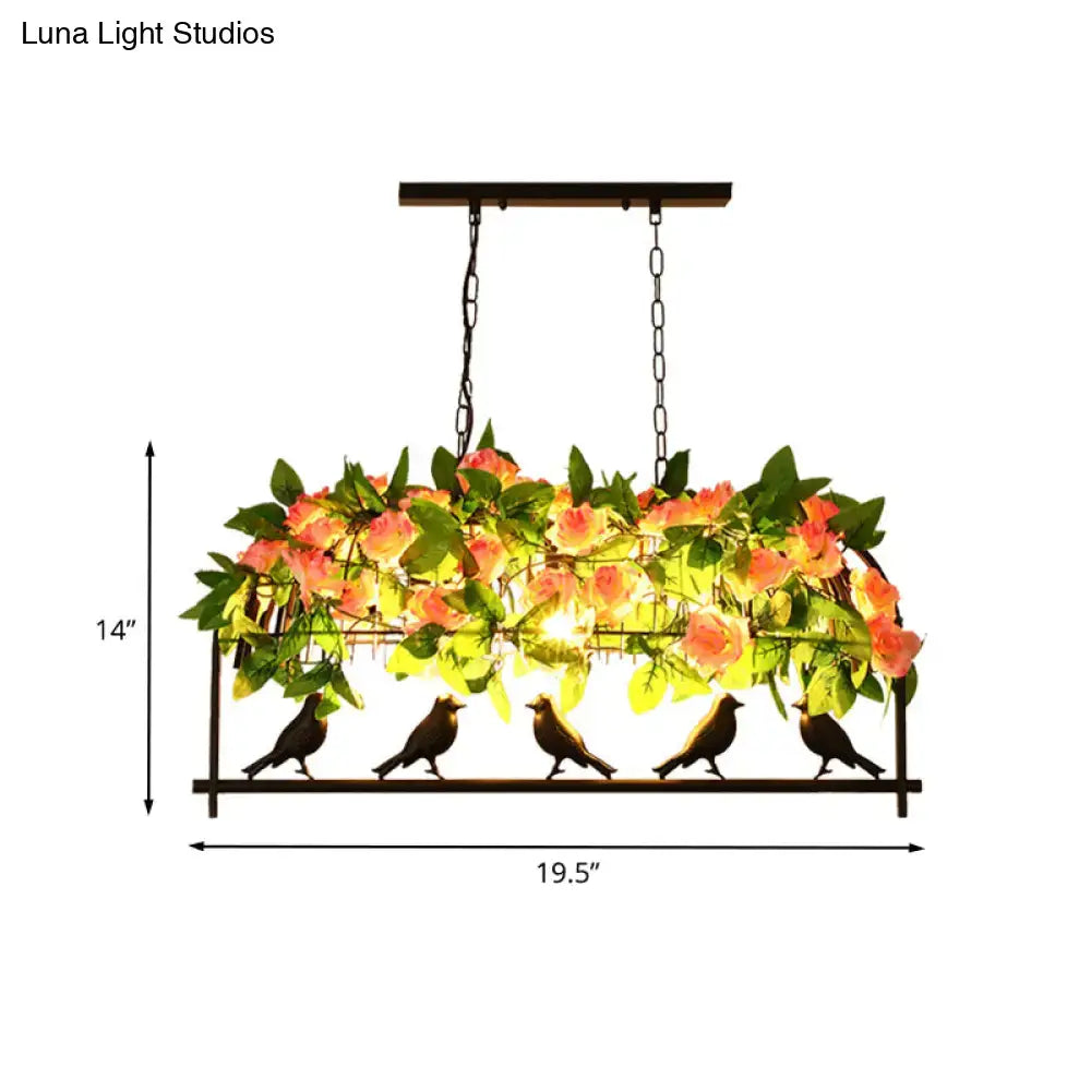 Rectangular decorbites iron industrial birdcage island pendant light with black finish, rose decoration, and bird silhouettes