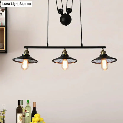 Industrial black 3-bulb pulley island pendant light with metal shades and exposed edison bulbs for kitchens