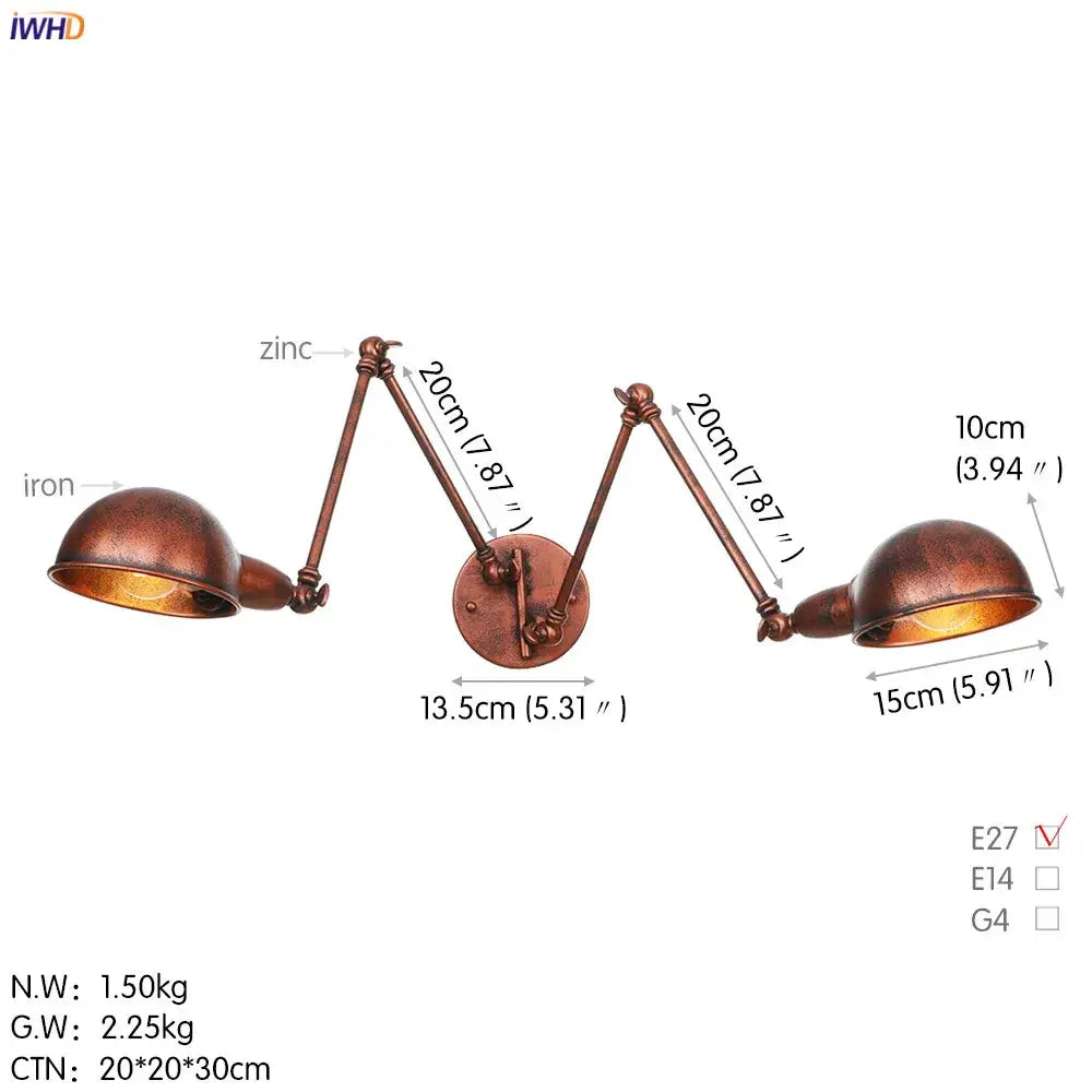 Brass-colored industrial wall sconce with adjustable double arms and dome shades for loft antique Edison decorbites lighting