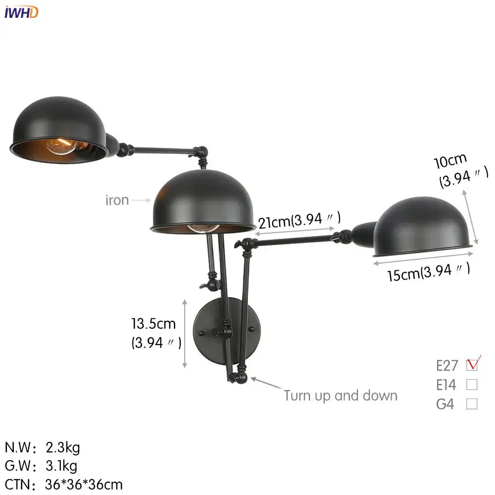 Industrial black 3 head adjustable wall sconce with black iron dome shades perfect for decorbites loft antique style lighting