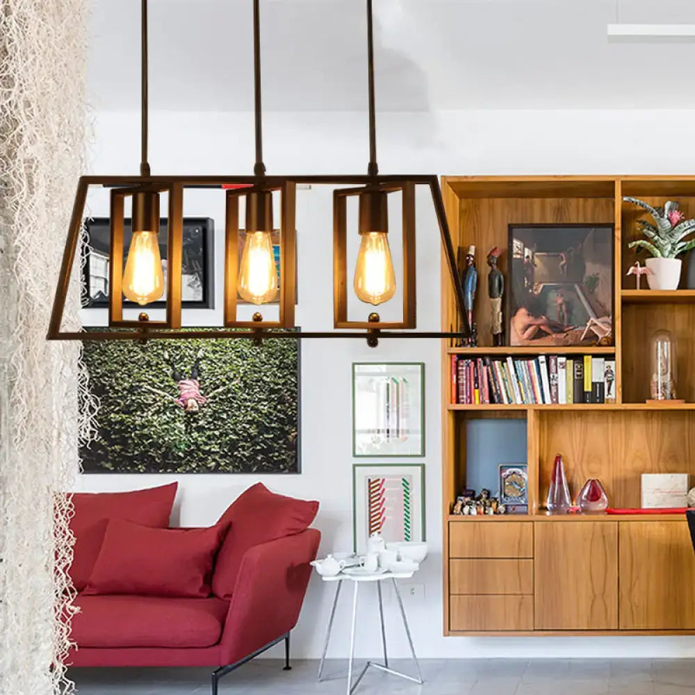 DecorBites™ farmhouse trapezoid frame island pendant light with three exposed Edison bulbs in black metal frame