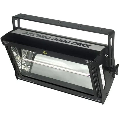 Black atomic 3000w strobe light with rectangular housing and transparent front for industrial event venue use