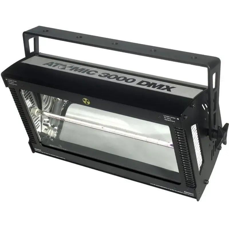 Black atomic 3000w strobe light with rectangular housing and transparent front for industrial event venue use