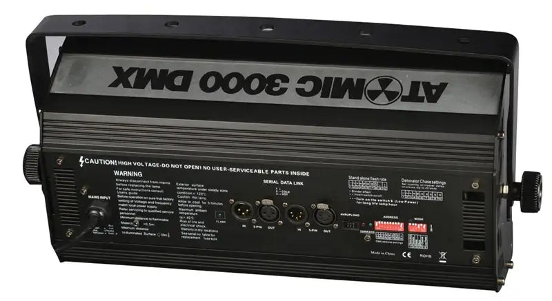 Black atomic 3000w strobe light with rugged industrial design and multiple input output ports for event venues