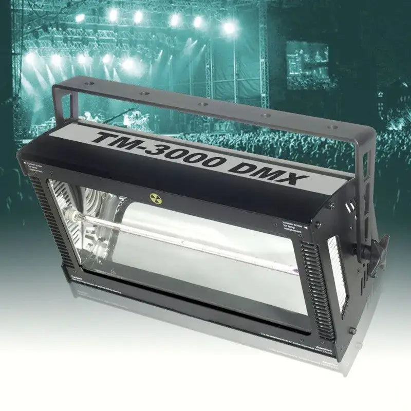 Black tm-3000 dmx industrial 3000w strobe light with rectangular housing and visible internal lamp for event venue