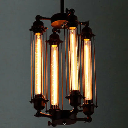 Industrial black 8-head hanging pendant lamp with five glowing Edison bulbs in dark metal frame by decorbites industrial