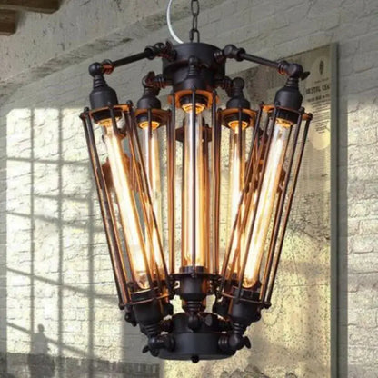Industrial black 8-head hanging pendant lamp with black metal and glowing Edison bulbs for dining room decorbites industrial