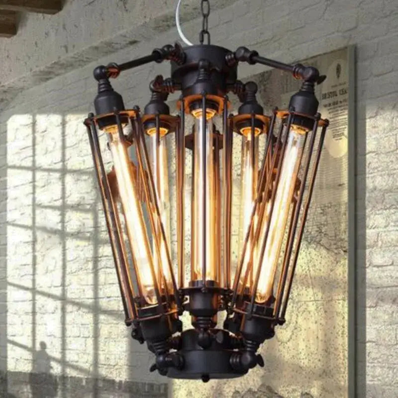 Industrial black 8-head hanging pendant lamp with black metal and glowing Edison bulbs for dining room decorbites industrial