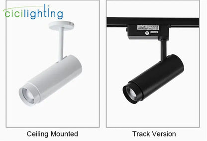 Industrial black adjustable focus track spotlights featuring white and black cylindrical decorbites adjustable focus fixtures