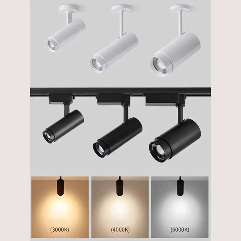 Industrial black adjustable focus track spotlights with sleek white and matte black finishes for living room lighting