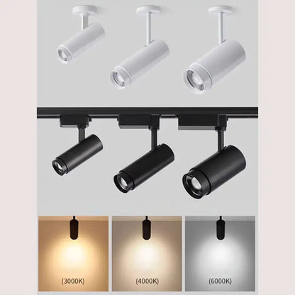 Industrial black adjustable focus track spotlights with sleek white and matte black finishes for living room lighting