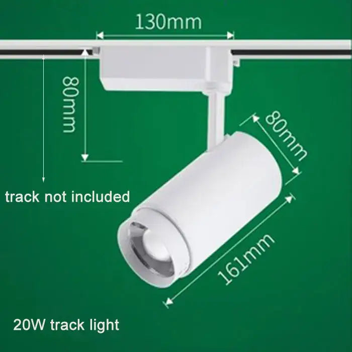 White 20w track spotlight with cylindrical head and adjustable mounting bracket for decorbites adjustable focus lighting