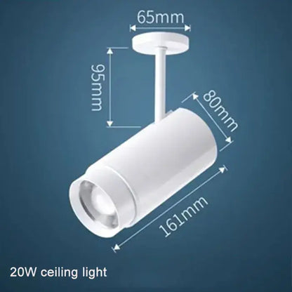 White cylindrical 20w ceiling track spotlight with adjustable focus and modern design suitable for decorbites adjustable focus systems