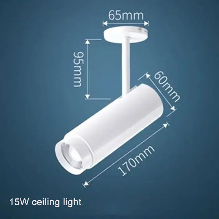 White cylindrical 15w ceiling track spotlight with adjustable focus and precise dimensional markings for modern decorbites